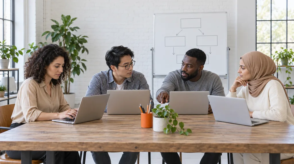 Four colleagues with laptops around a long wooden table in a bright office, one man pointing at the table as he talks