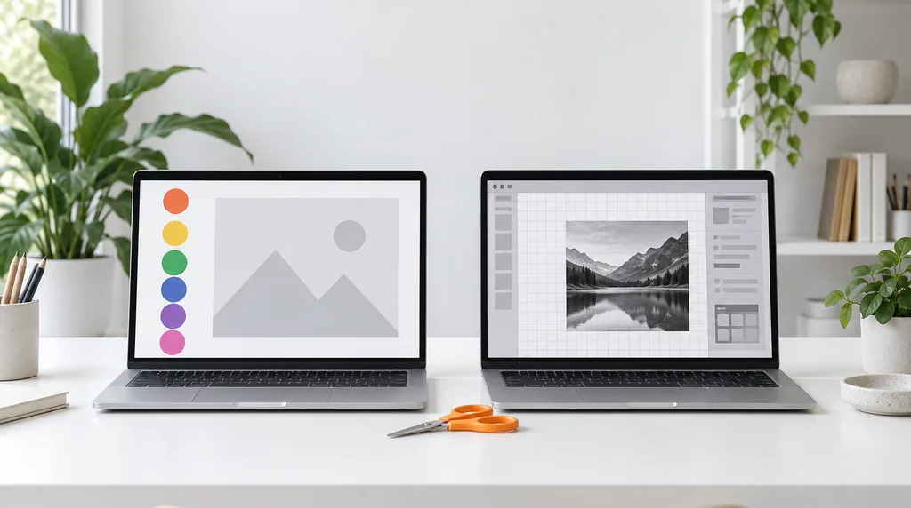 Two open laptops side by side, one showing a simple page with round coloured buttons and one showing a dense design canvas