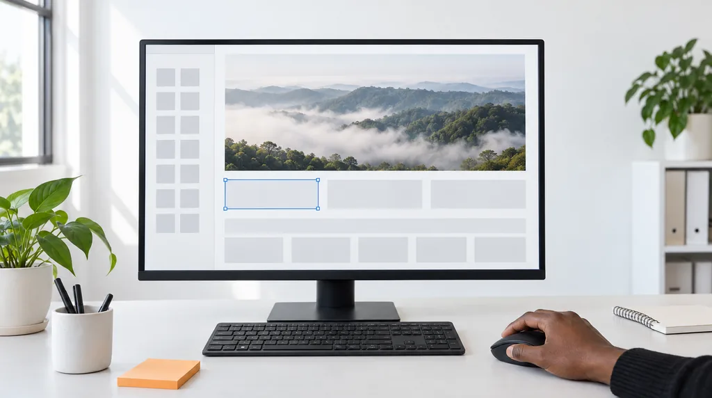 A hand on a mouse in front of a monitor showing a visual page builder with a hill photo and outlined blocks