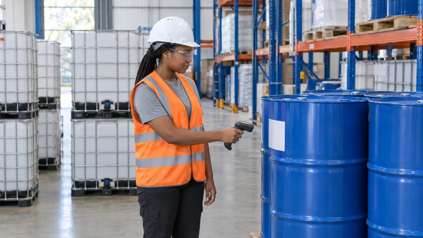 A warehouse worker in a hard hat and orange vest scanning the label on a blue steel drum, with caged tote tanks and pallet racking behind her