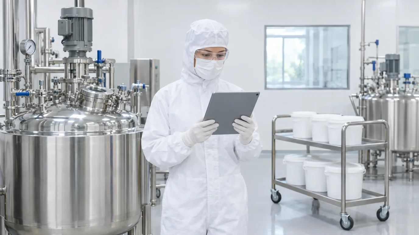A cleanroom operator in a full coverall, mask and goggles reading a tablet beside a stainless steel mixing vessel