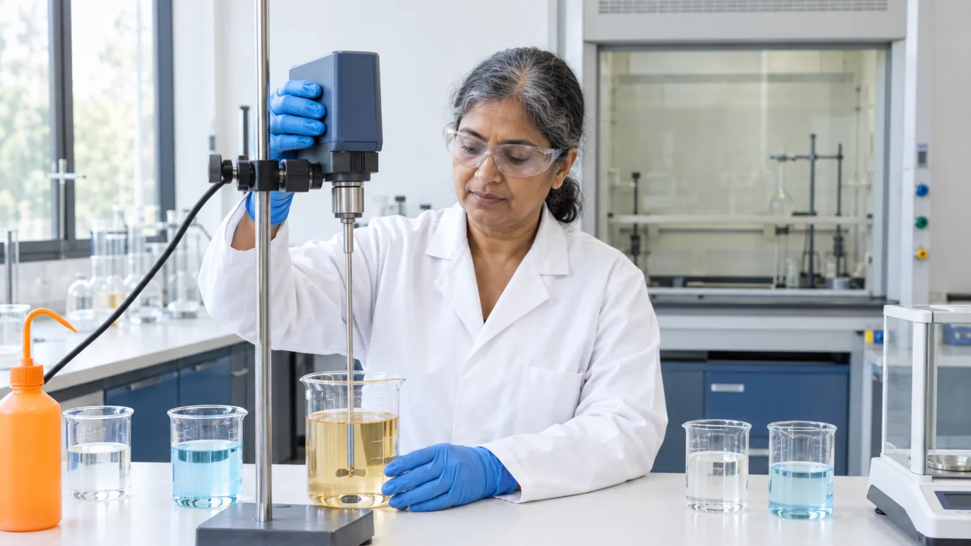 A chemist in a lab coat and blue gloves lowering an overhead stirrer into a beaker of amber liquid on a lab bench