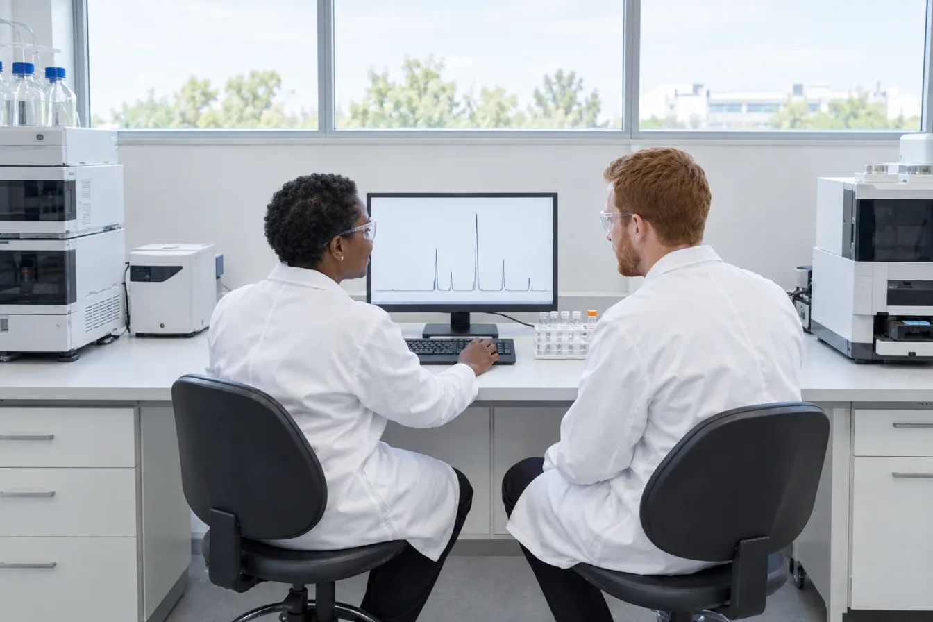 Two lab analysts in white coats and safety glasses seated at a bench, reading a trace of sharp peaks on a monitor beside a rack of sample vials