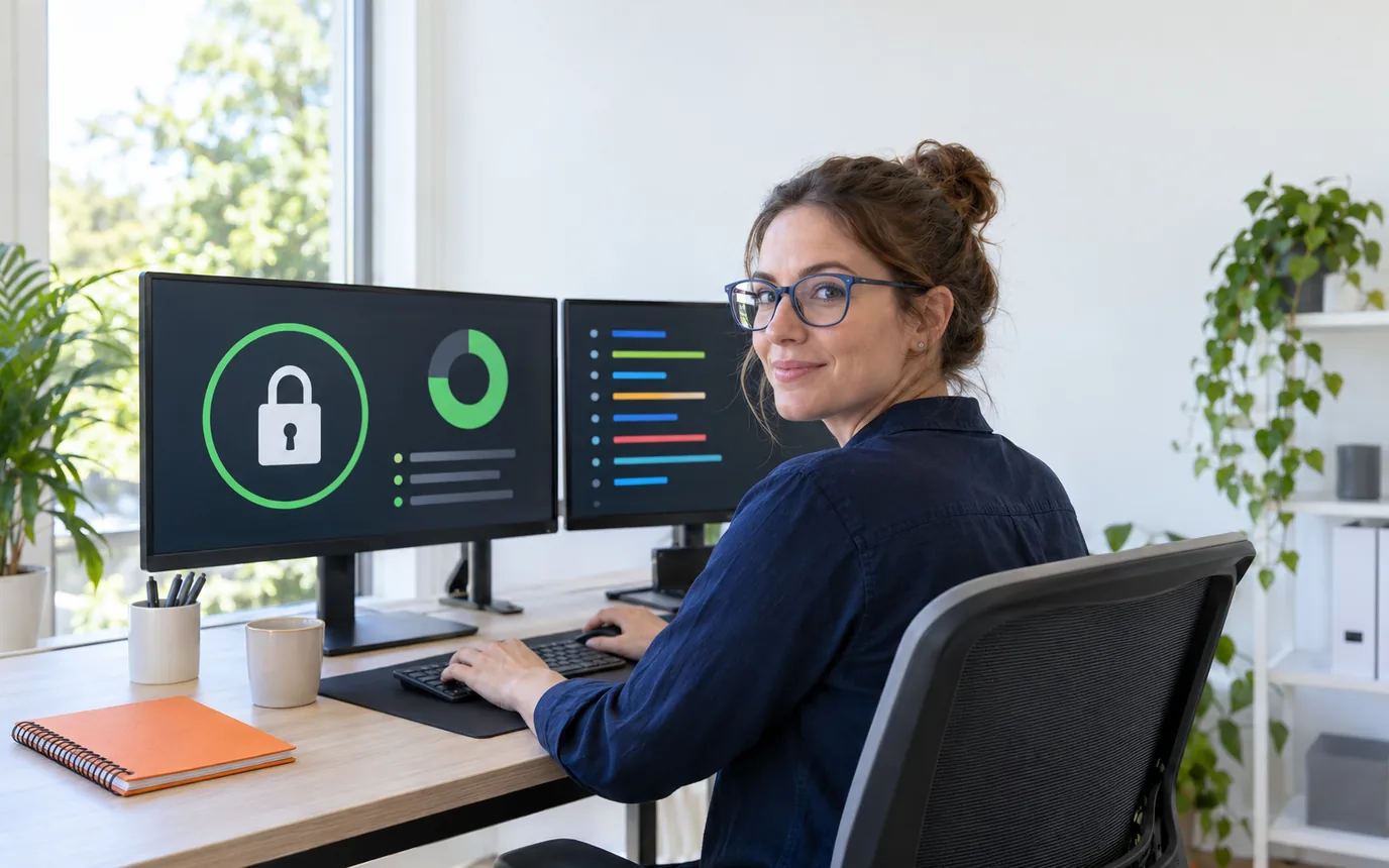A woman in blue-framed glasses at a desk with two monitors, one showing a padlock shape and a green ring chart