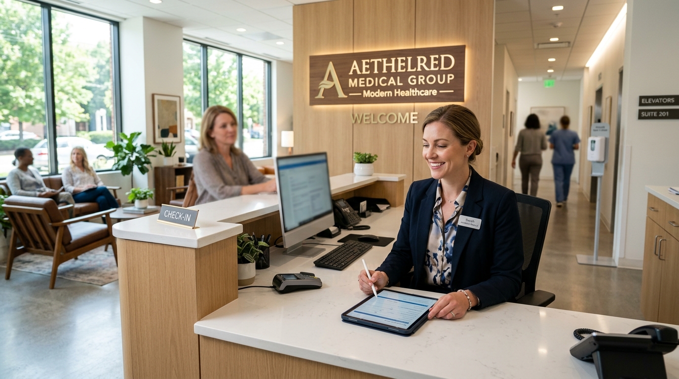 Modern American medical clinic front desk with healthcare AI receptionist workflow