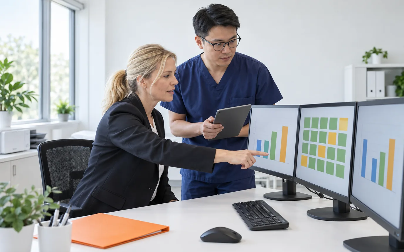 A woman in a blazer and a man in navy scrubs at a coordination desk with monitors showing bar charts and a grid of coloured squares