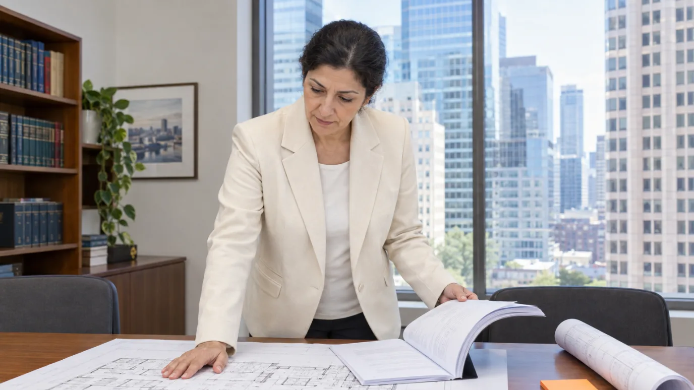 An attorney leaning over a printed floor plan with a thick bound document open in her other hand, office towers visible through the window