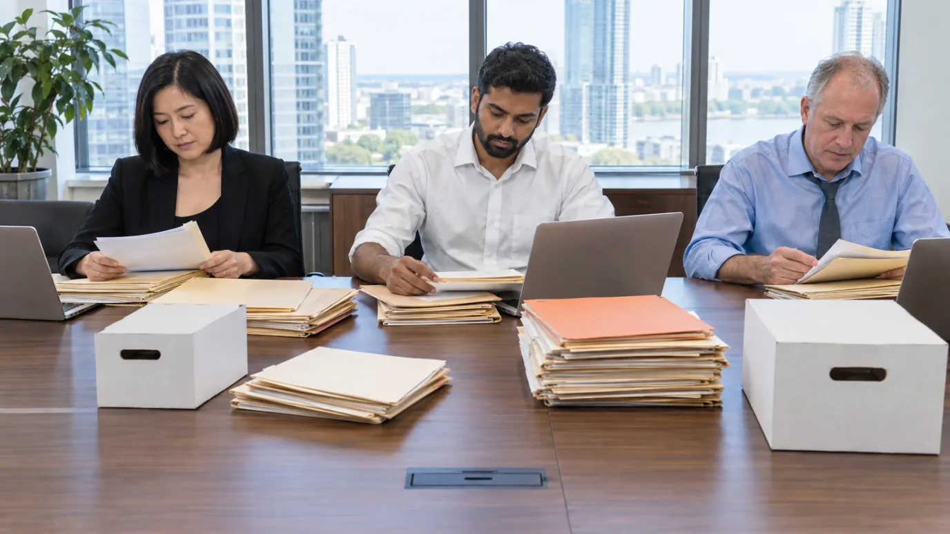 Three lawyers at a conference table working through stacks of manila folders and file boxes, with laptops open
