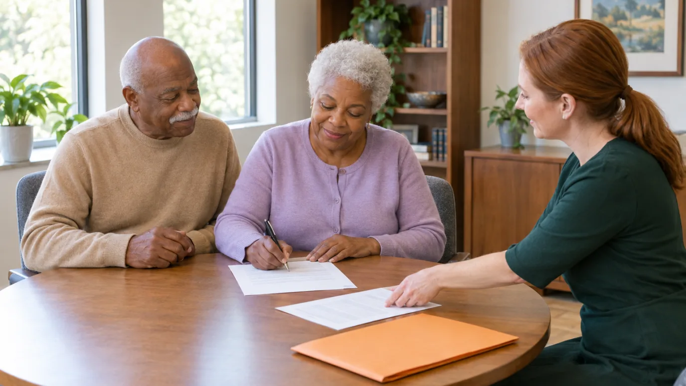 An older couple at a round table, the woman signing a document while an attorney slides a second page toward them