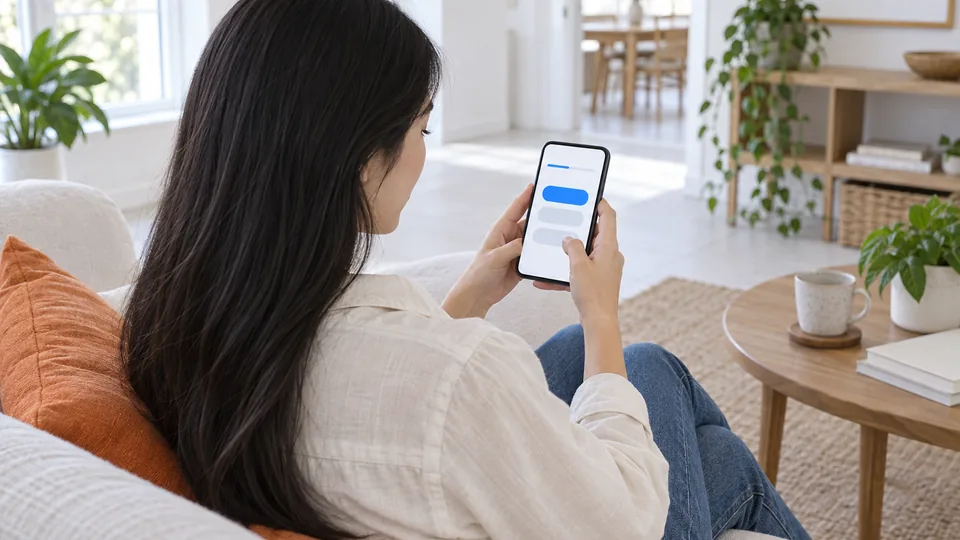 A woman on a sofa holding a phone that shows a form with three large option buttons and a progress bar