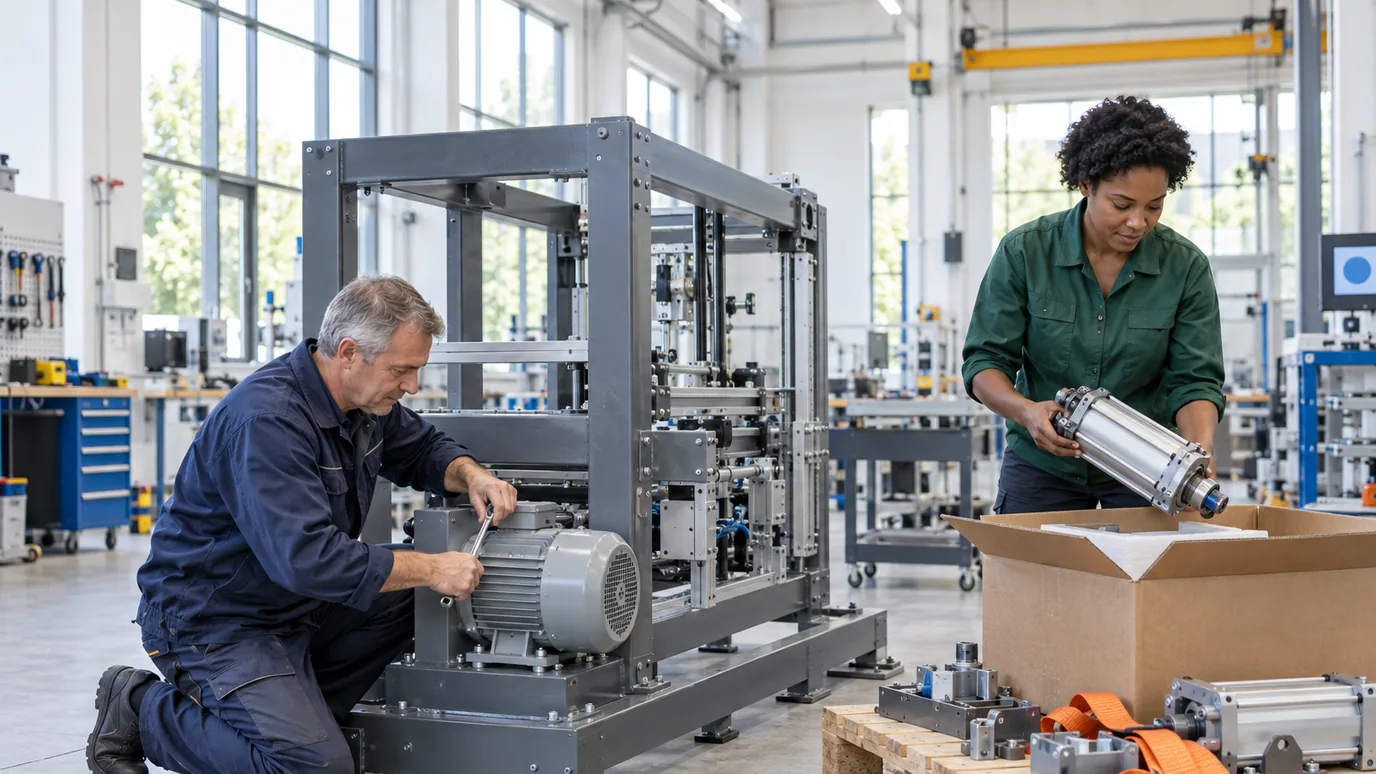 A man bolting an electric motor onto a steel machine frame while a woman lifts a pneumatic cylinder from a box on a pallet in an assembly hall