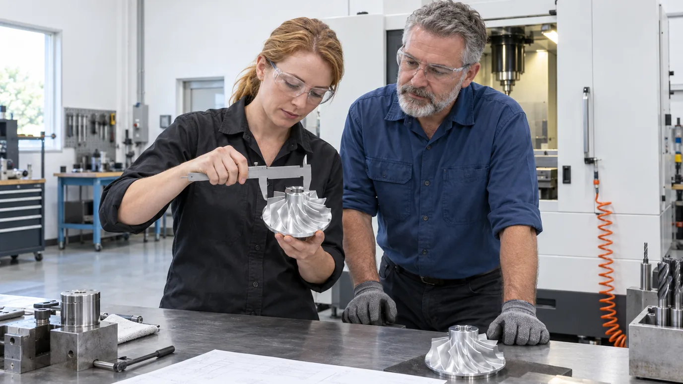 A woman measuring a machined aluminium impeller with a caliper while a man in a blue work shirt watches, a milling machine behind them