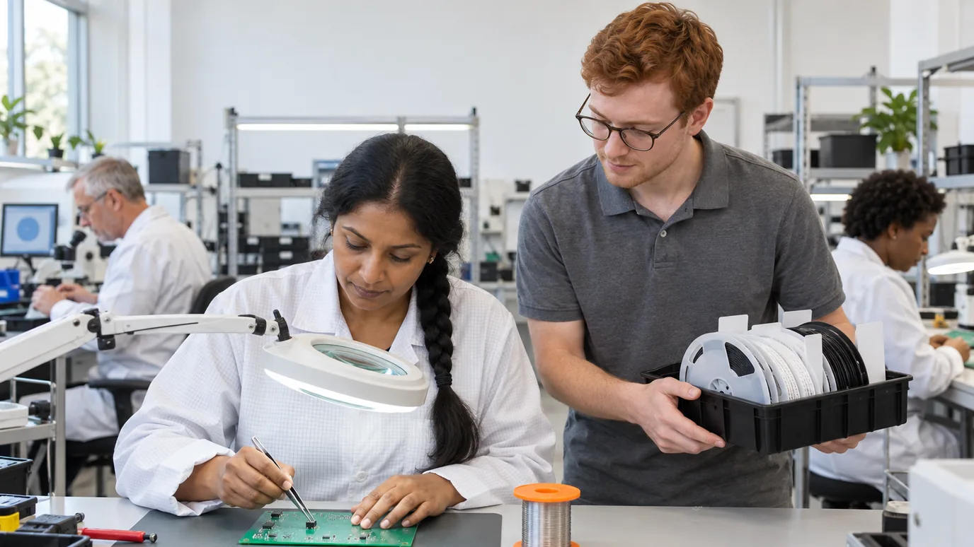 A woman placing a component on a green circuit board with tweezers under a magnifier lamp while a man beside her holds a tray of component reels