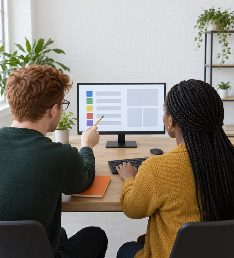 Two colleagues at a wooden desk, one pointing a pencil at a monitor that shows rows of grey rectangles and coloured squares
