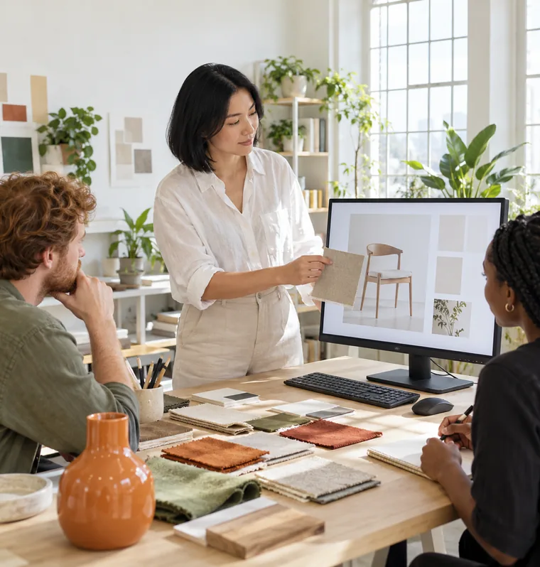 A woman in a white shirt holding a fabric swatch beside a monitor that shows a wooden chair while two colleagues watch from the table