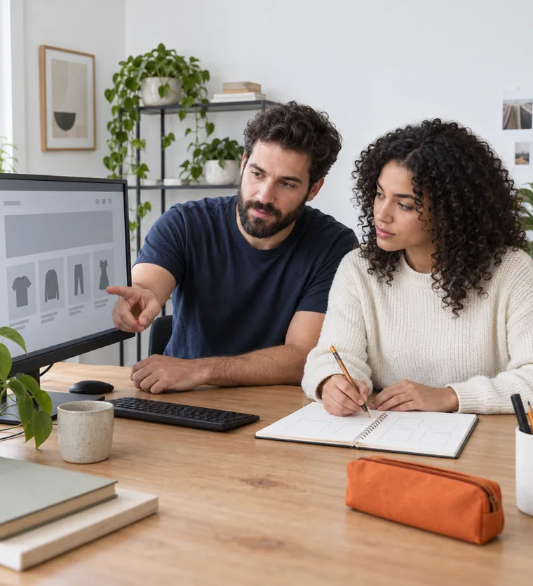 A man pointing at a monitor showing a page of grey blocks and product tiles while a woman sketches boxes in a notebook