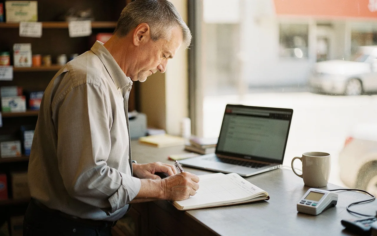 An older shop owner writing in a paper ledger beside a laptop on the counter