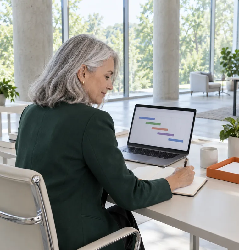A woman in a green blazer writing in a notebook beside a laptop that shows a timeline of coloured bars