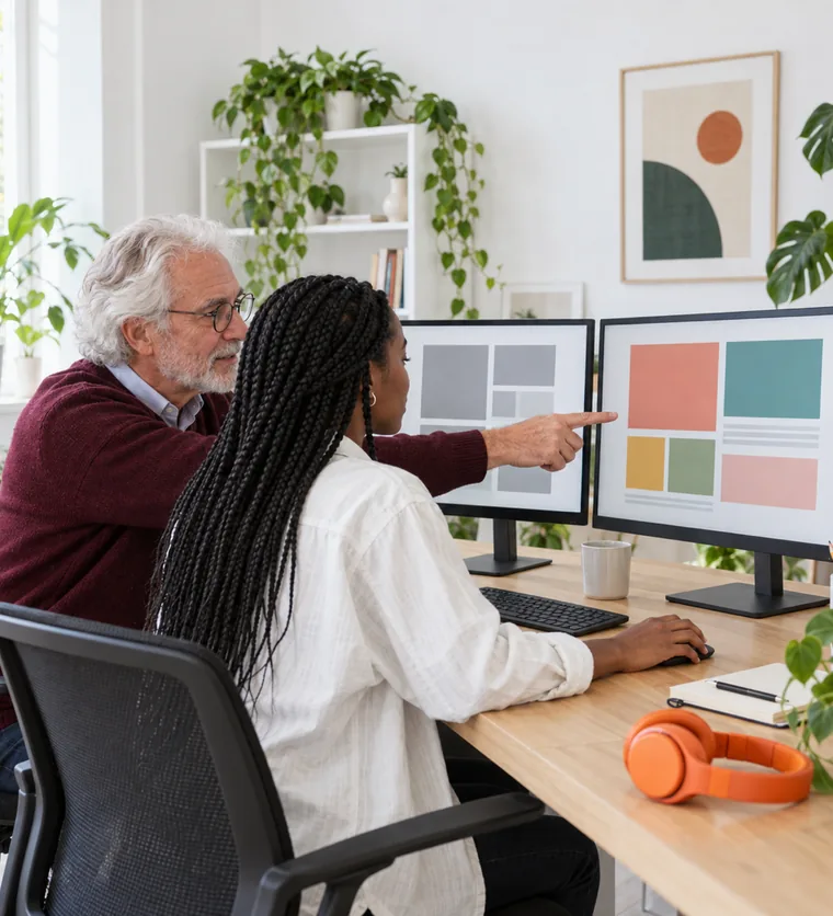 Two people at a wooden desk comparing a layout of grey blocks on one monitor with a coloured layout on the other
