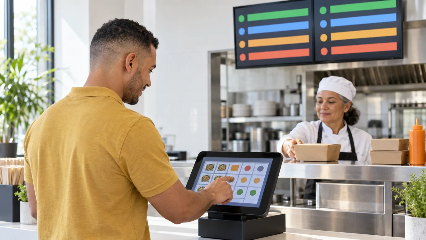 A worker tapping a plain touchscreen terminal at a restaurant counter while a cook behind him sets a boxed meal on the steel pass under a wall screen
