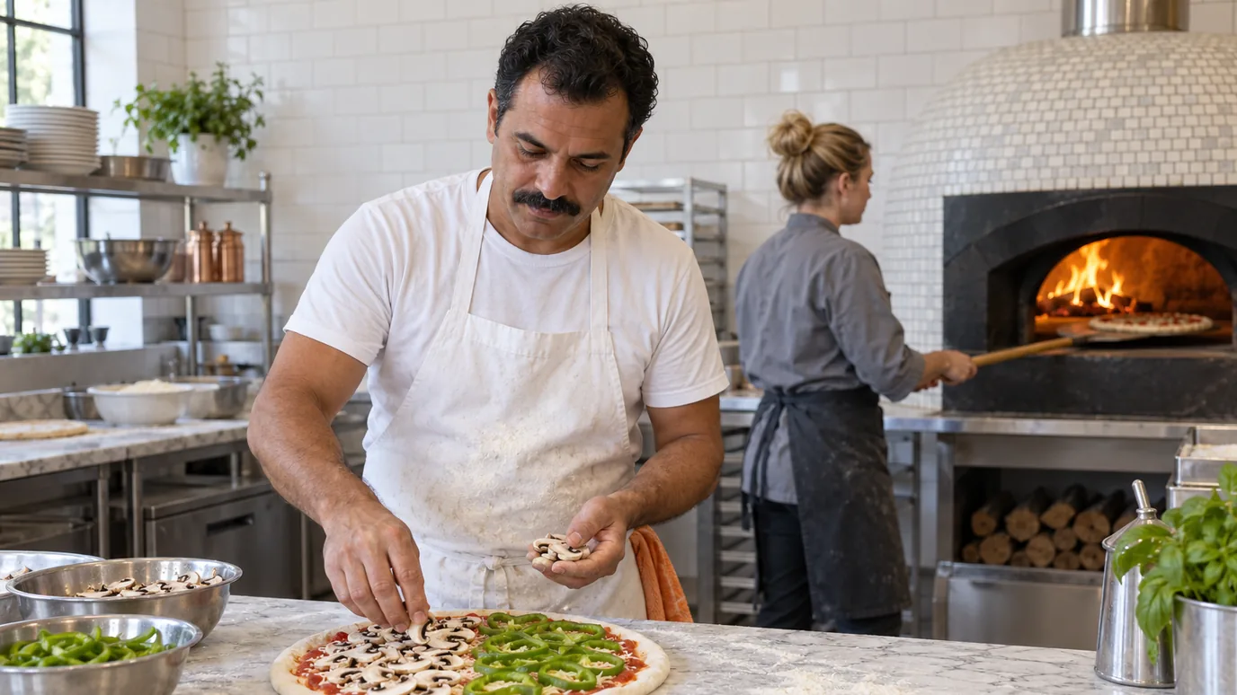 A pizza cook putting mushrooms on one half of a raw pizza that has peppers on the other half while a second cook slides a pizza into a domed oven