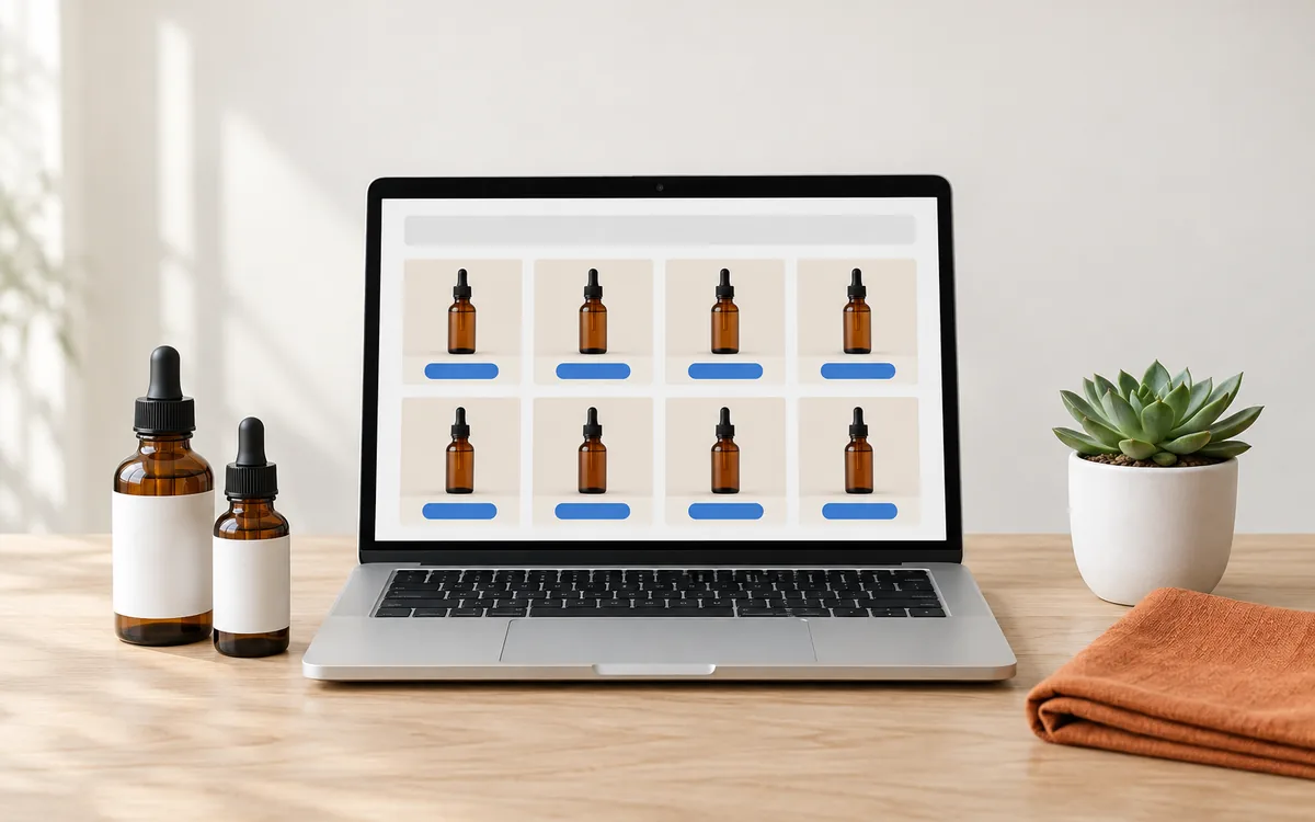A laptop on a wooden table showing a shop page of amber bottle tiles, with two blank-labelled dropper bottles beside it