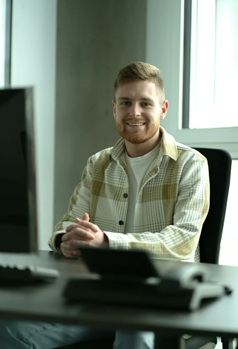 A marketing professional working at a desk in a modern office