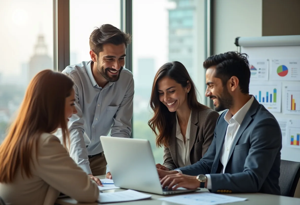 A digital marketing team in a Noida office reviewing a marketing strategy together