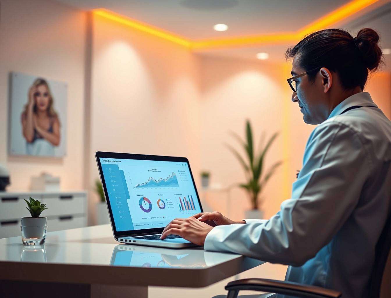 Healthcare SEO agency — doctor reviewing patient acquisition analytics on laptop