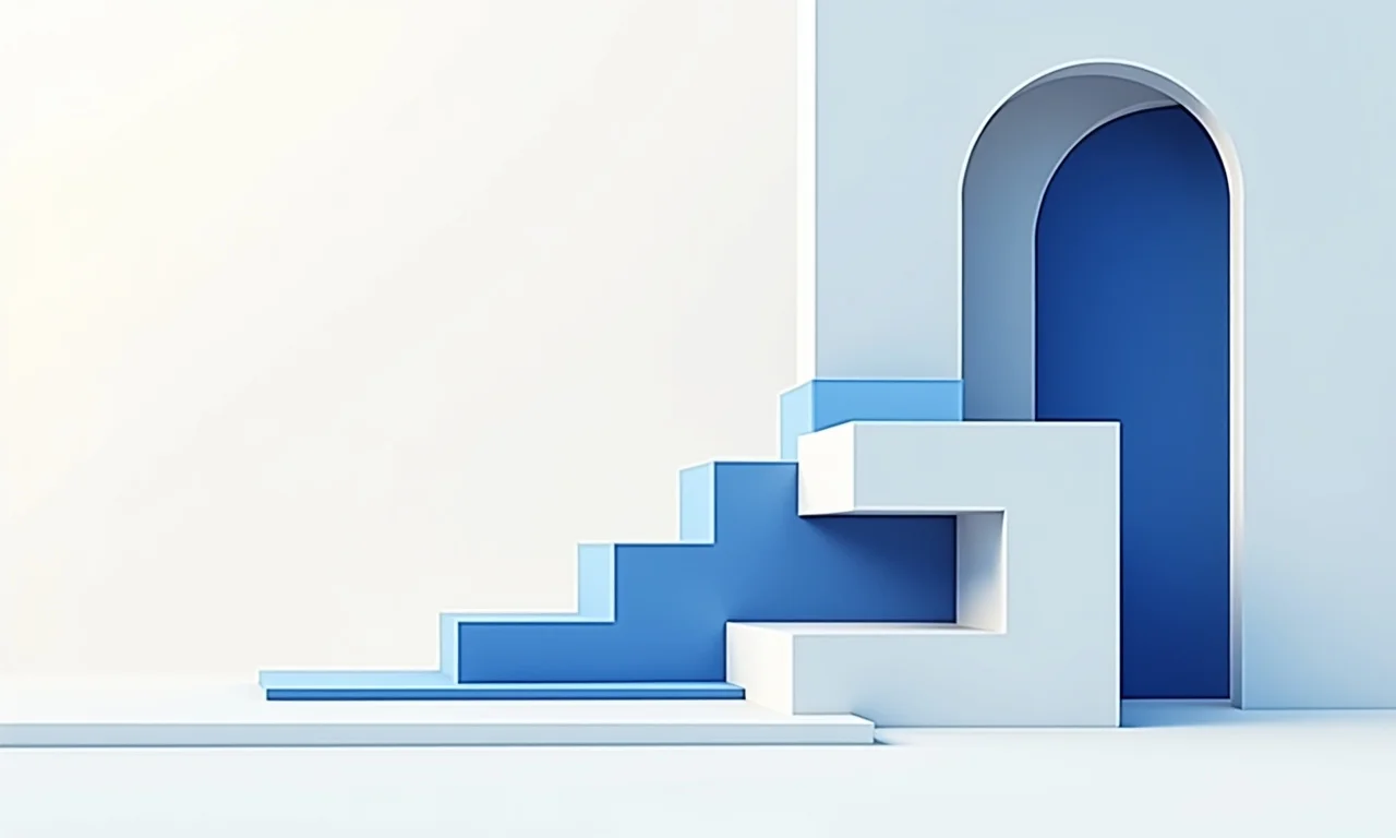 An abstract render of blue and white steps leading to an arch