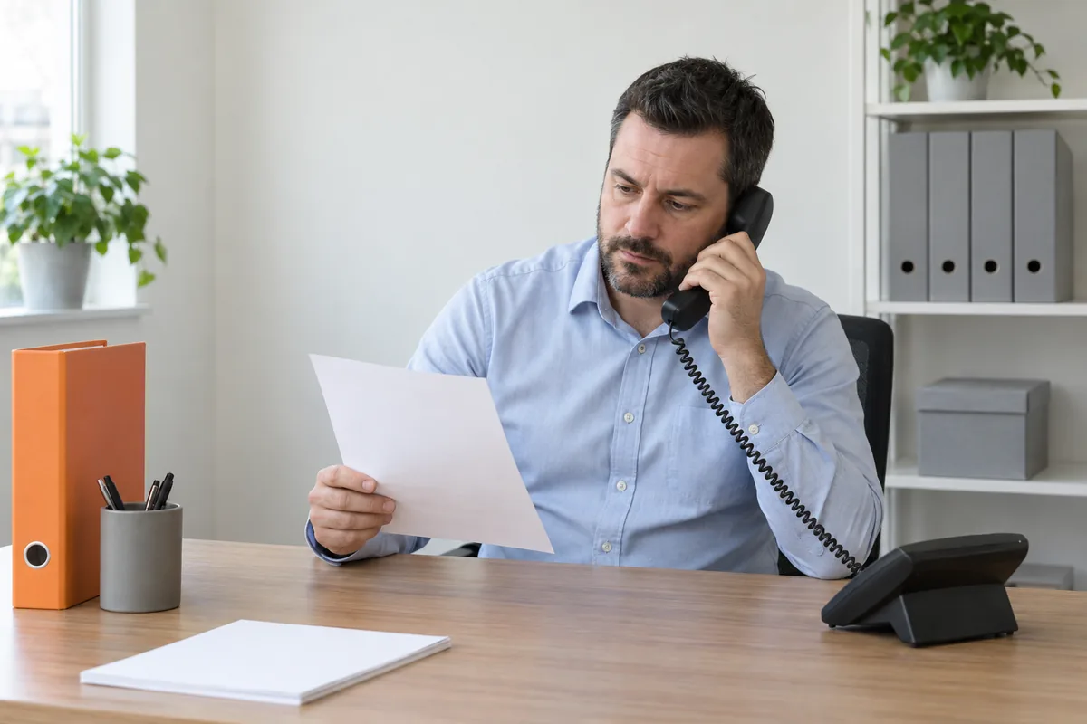A man in a light blue shirt at a desk holding a desk telephone to his ear and looking at a sheet of paper, with an orange ring binder beside him
