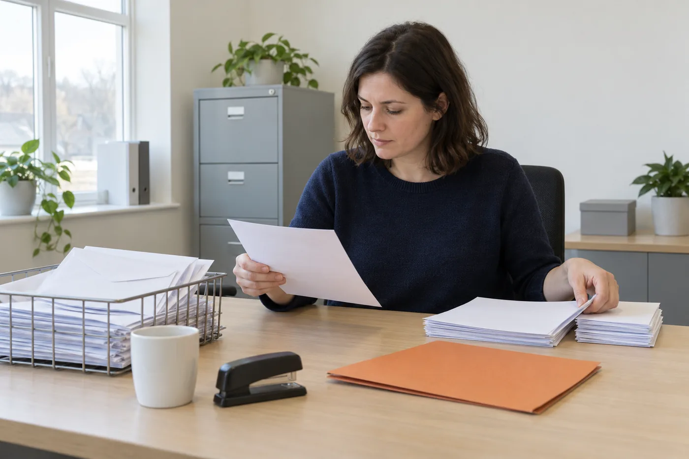A woman in a navy jumper at a pale wooden desk sorting white paper sheets from a wire tray into two piles beside an orange folder