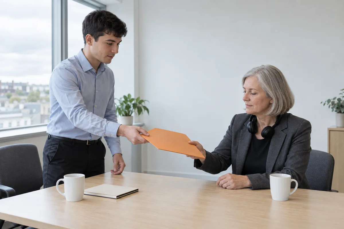 A man standing at a desk hands an orange folder to a seated woman who has a headset resting around her neck