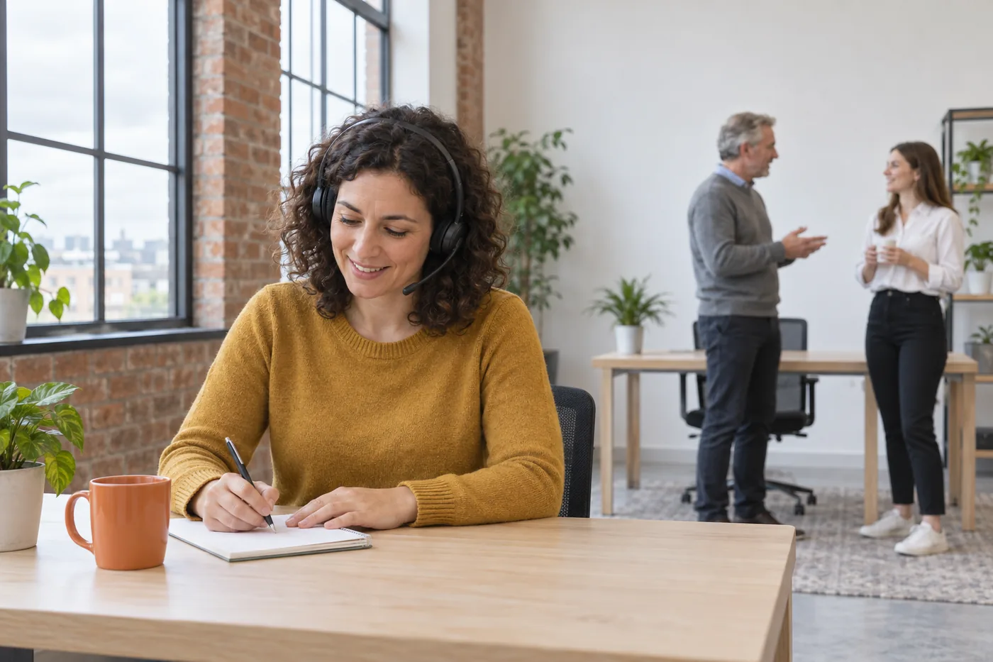 A woman wearing a headset smiles while writing on a notepad at a wooden desk in a bright brick-walled office, with two colleagues talking behind her