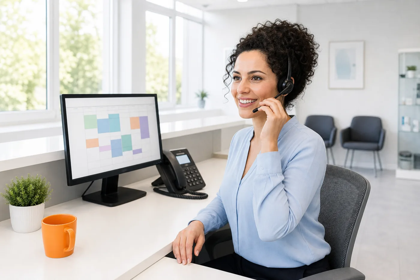 A receptionist on a phone headset at the bright front desk of a small UK clinic, with a colour-coded booking calendar on her screen