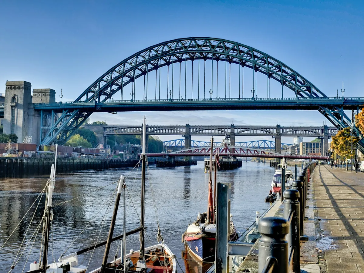 The Tyne Bridge seen from the Newcastle Quayside with the Swing Bridge behind