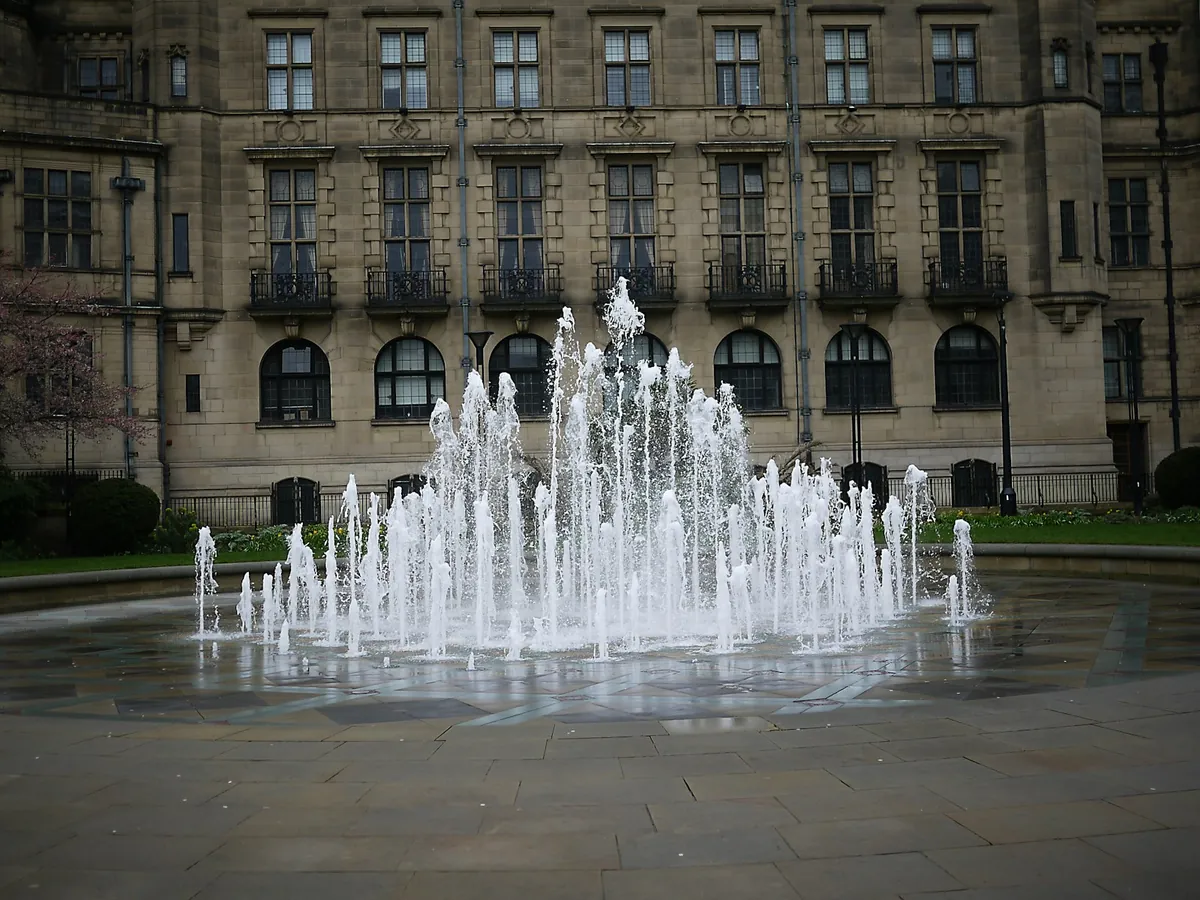 The Goodwin Fountain in the Peace Gardens in front of Sheffield Town Hall