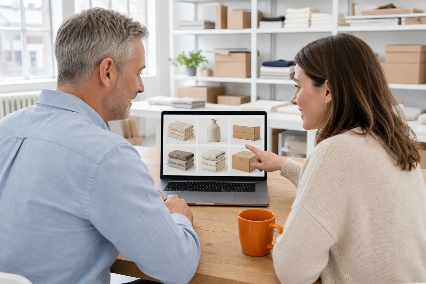 A senior ecommerce consultant and a UK brand owner reviewing her online store on a laptop in a bright studio office with product shelves behind them