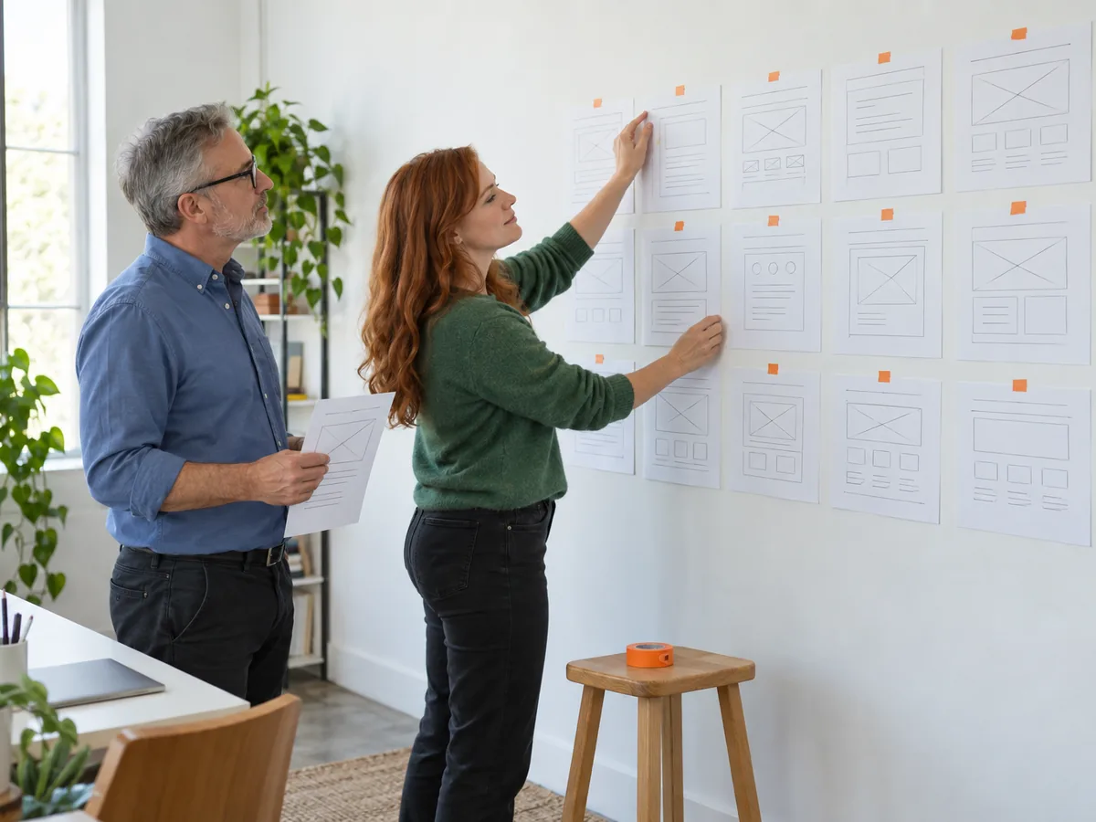 A woman arranging a grid of wireframe sketches pinned to a white wall while a man beside her holds another sheet