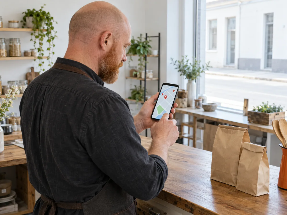 A shop owner in a dark apron behind a wooden counter holding a phone that shows a simple map with pins