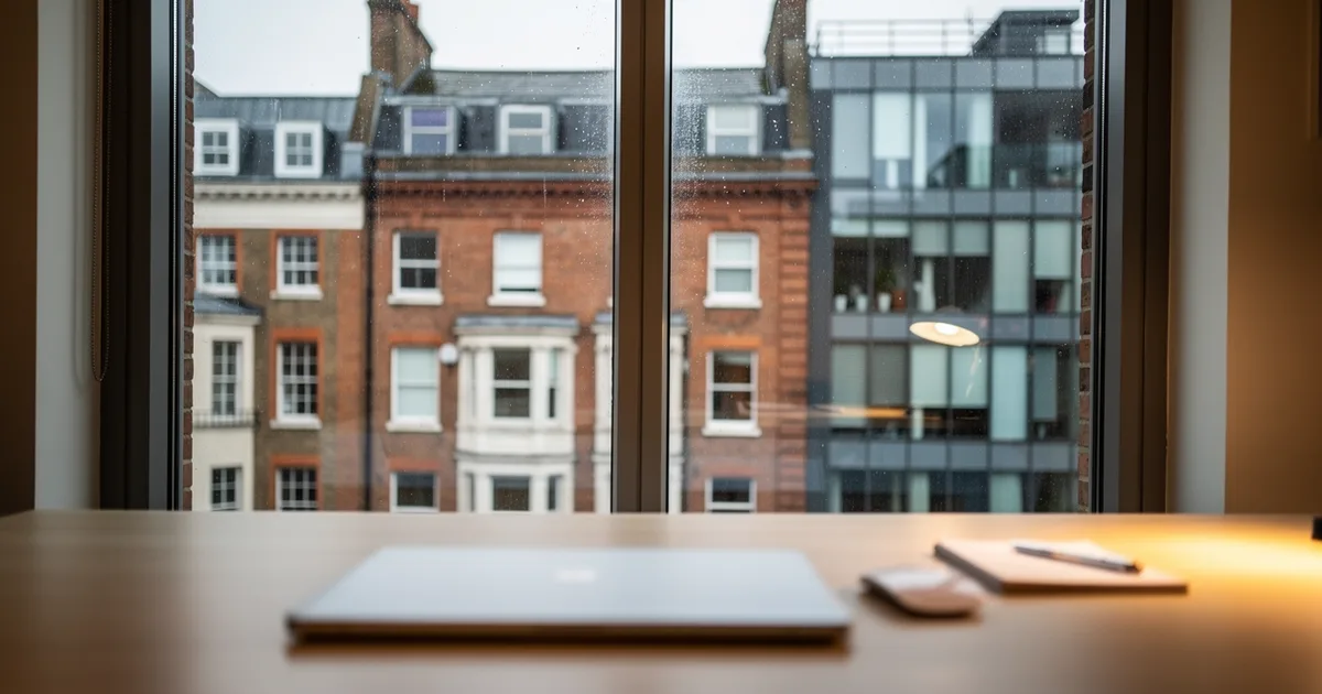 A laptop on a desk beside a window looking out on London brick townhouses and a modern glass office block