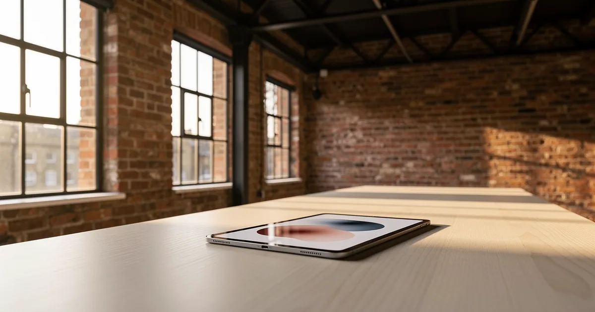 A tablet on a long light wood table in a converted London warehouse office with exposed brick walls and steel-framed windows