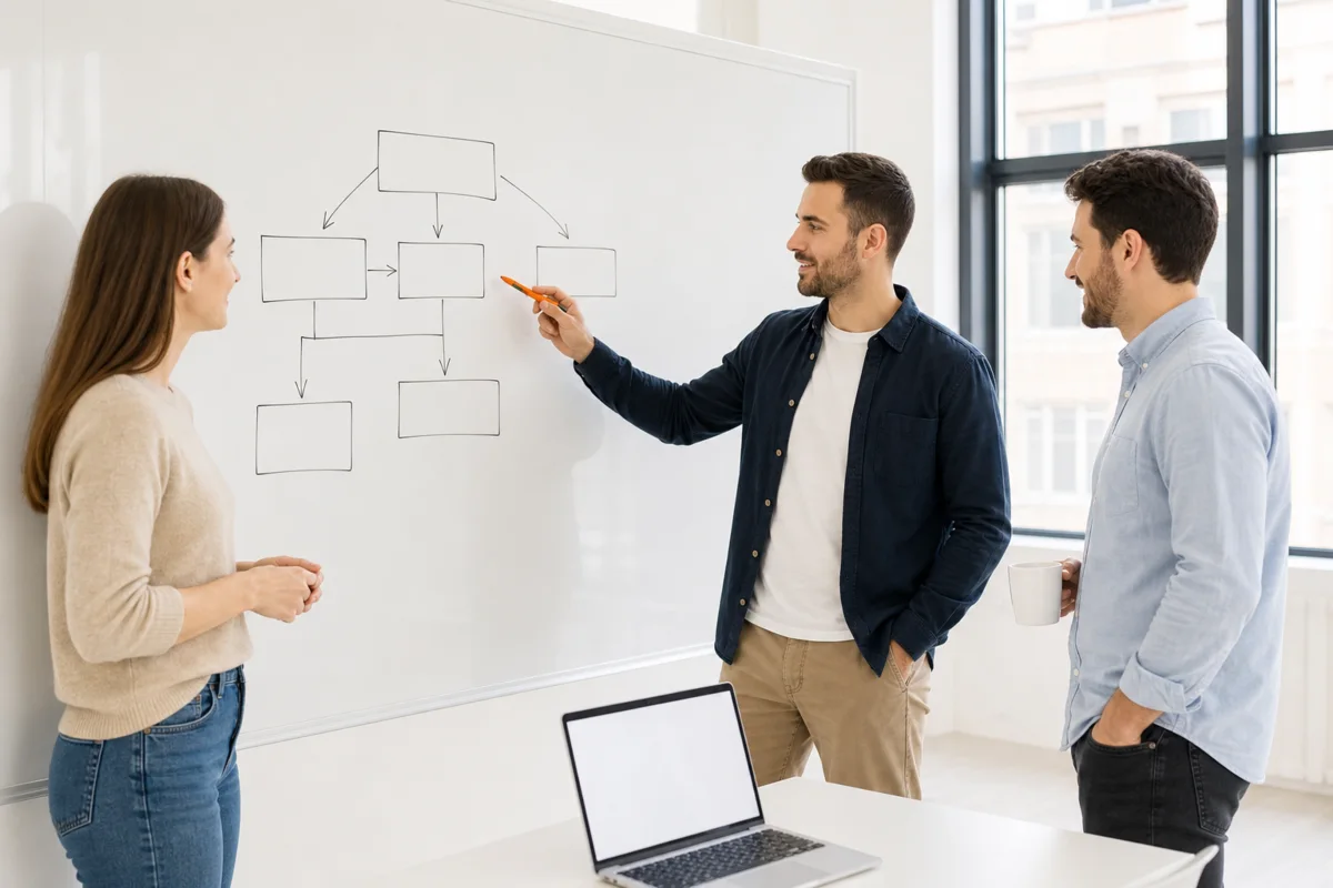 Three members of an ecommerce engineering team planning a store architecture on a whiteboard