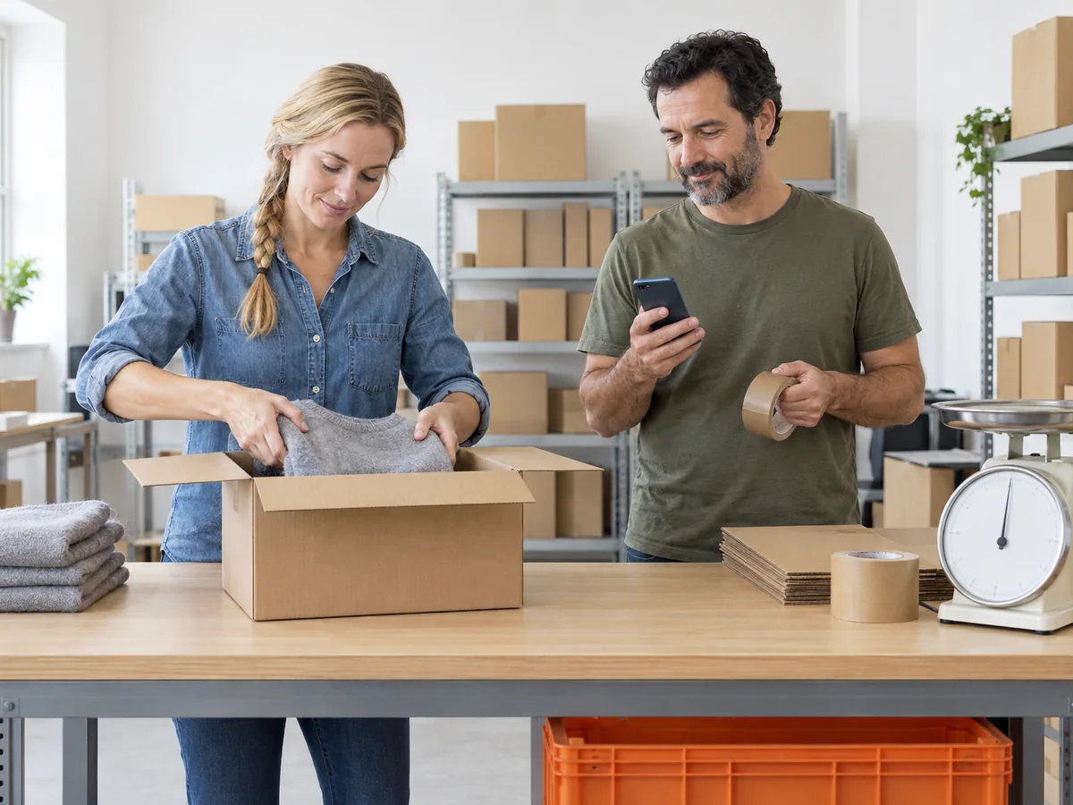 A woman packing a folded jumper into a plain box at a packing bench while a man beside her holds a phone and a roll of tape