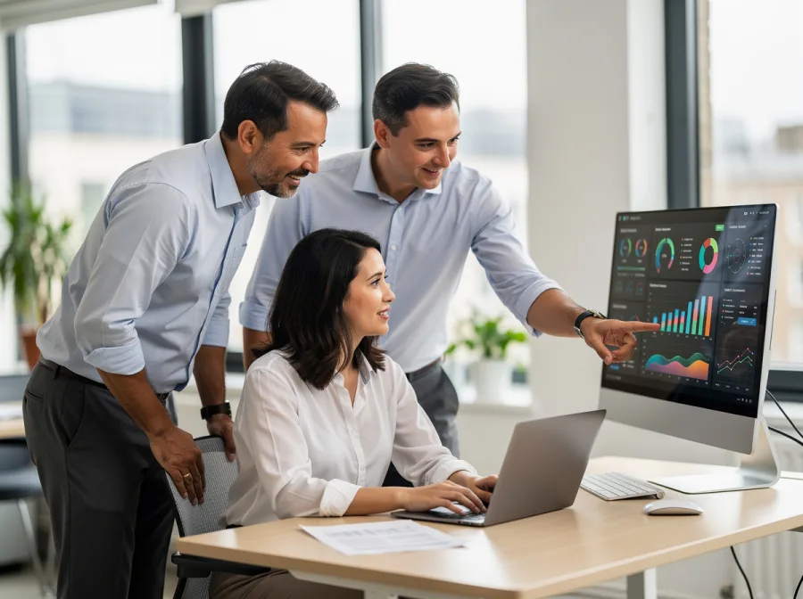 A UK software team reviewing an automation dashboard together