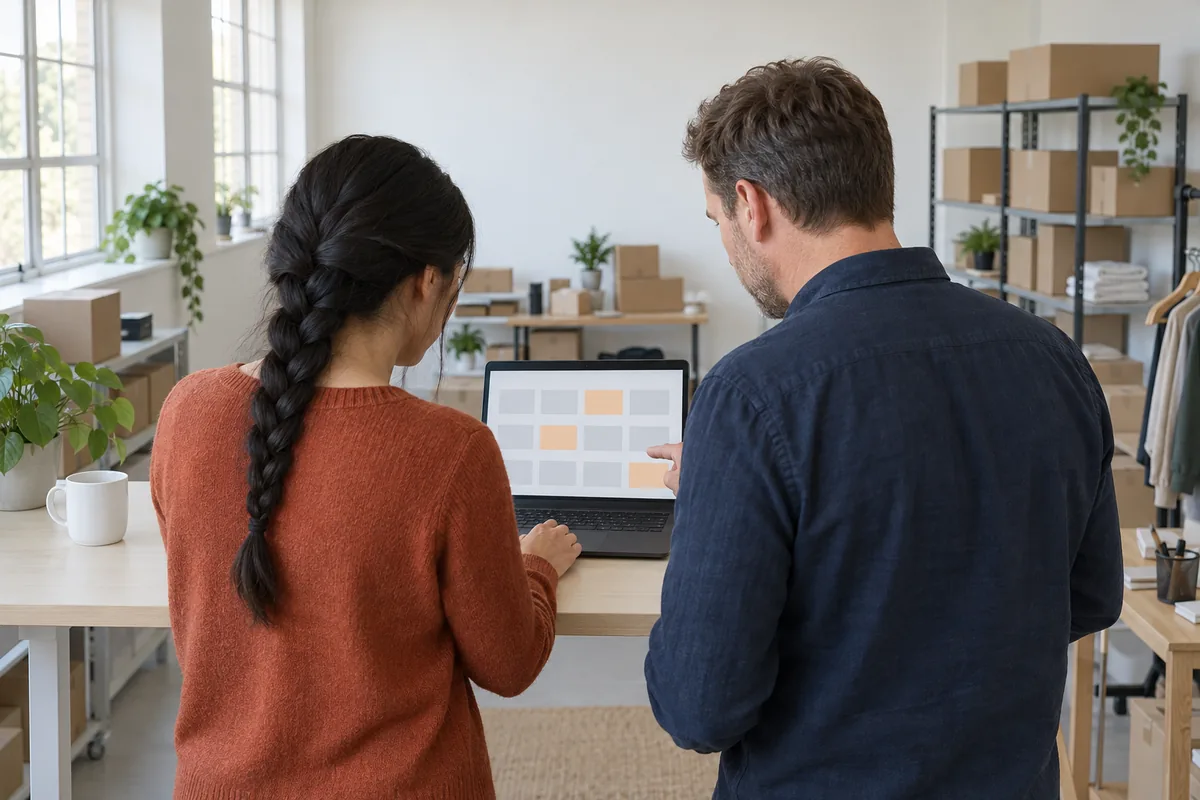 Seen from behind, a woman and a man stand at a desk looking at a laptop that shows a grid of grey and orange blocks