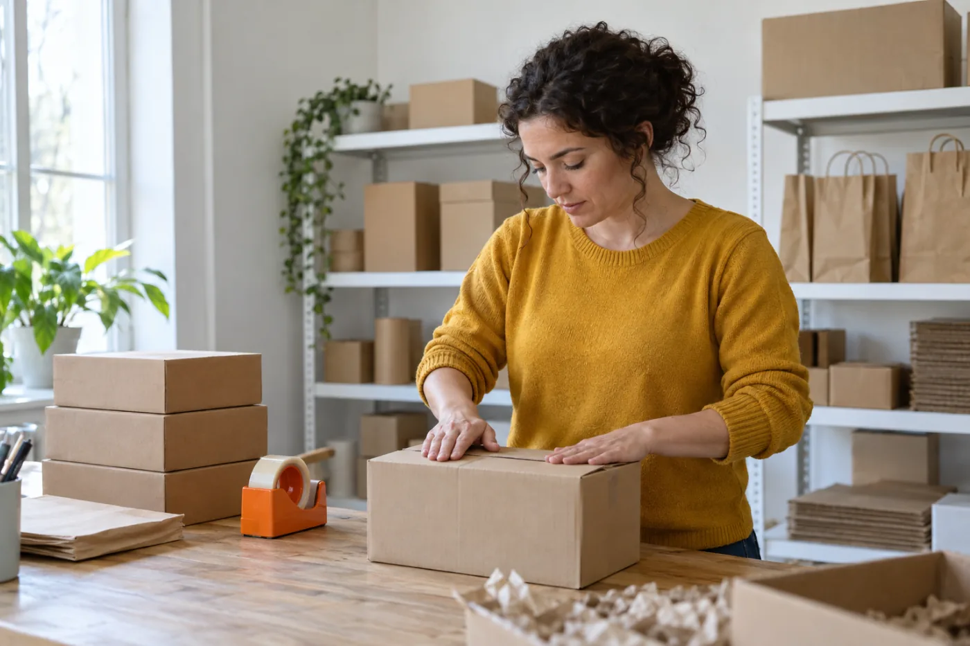 A woman in a mustard jumper presses down the flap of a plain cardboard box on a wooden packing bench, with shelves of boxes and paper bags behind her