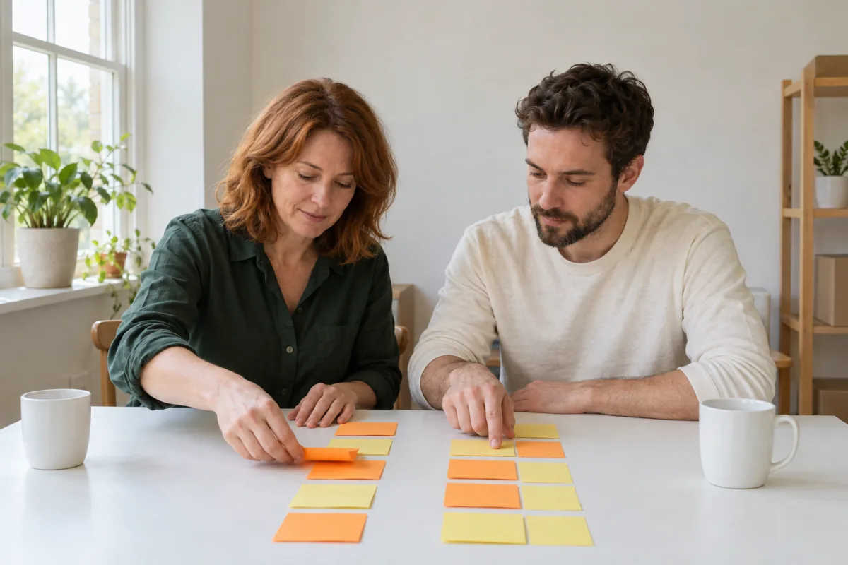 A woman in a green shirt and a man in a cream top arrange blank orange and yellow sticky notes in two columns on a white table