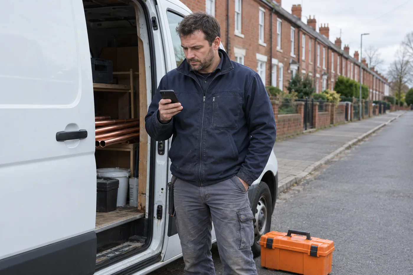 A heating engineer in a navy work jacket reads his phone beside an open white van with copper pipes inside, on a street of red-brick terraced houses