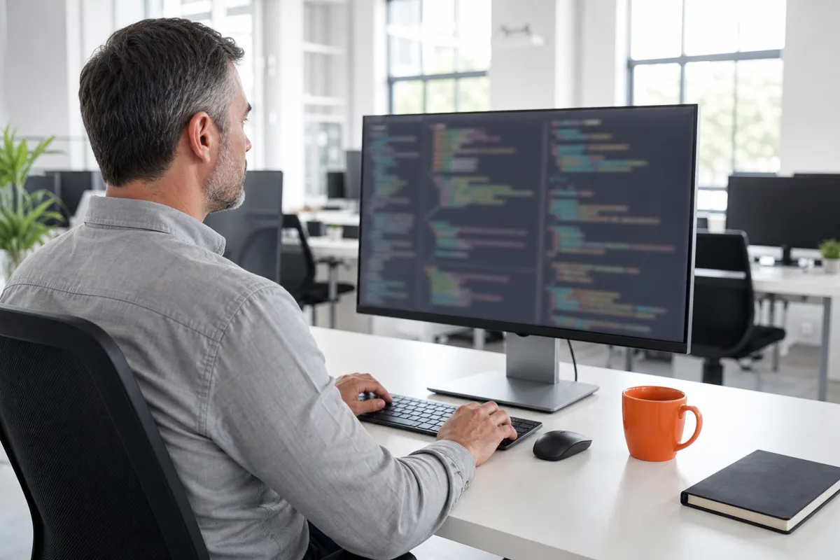 A WooCommerce developer working at a tidy desk in a bright office with code on a large monitor and an orange mug beside the keyboard